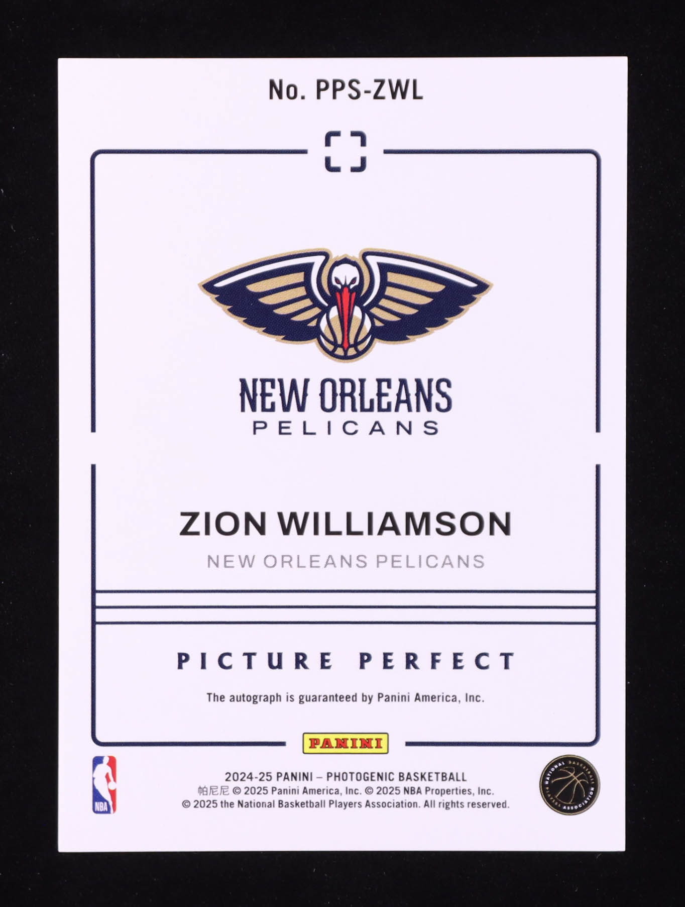 Zion Williamson 2024-25 Panini PhotoGenic Picture Perfect Signatures #1 #34/75 at PristineAuction.com Zion Williamson 2024-25 Panini PhotoGenic Picture Perfect Signatures #1 #34/75 at PristineAuction.com