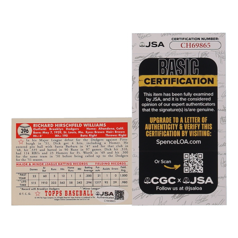 Dick Williams Signed 1995 Topps Archives 1952 Reprint #396 Inscribed "H.O.F. 2008" (JSA) at PristineAuction.com Dick Williams Signed 1995 Topps Archives 1952 Reprint #396 Inscribed "H.O.F. 2008" (JSA) at PristineAuction.com