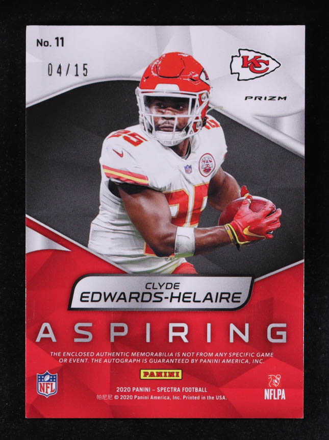 Clyde Edwards-Helaire 2020 Panini Spectra Aspiring Patch Autographs Neon Orange #11 #04/15 EXCH RC at PristineAuction.com Clyde Edwards-Helaire 2020 Panini Spectra Aspiring Patch Autographs Neon Orange #11 #04/15 EXCH RC at PristineAuction.com