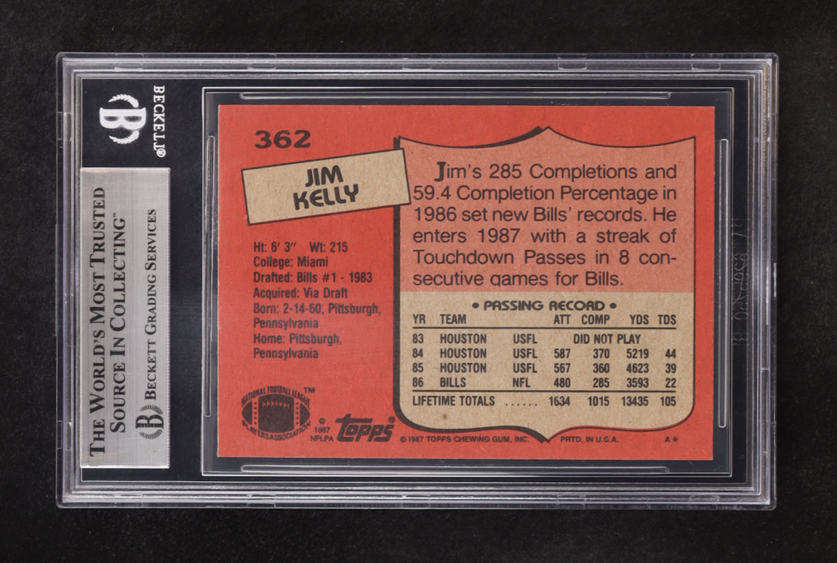 Jim Kelly Signed 1987 Topps #362 RC (BGS | Autograph Graded BGS 10) at PristineAuction.com Jim Kelly Signed 1987 Topps #362 RC (BGS | Autograph Graded BGS 10) at PristineAuction.com