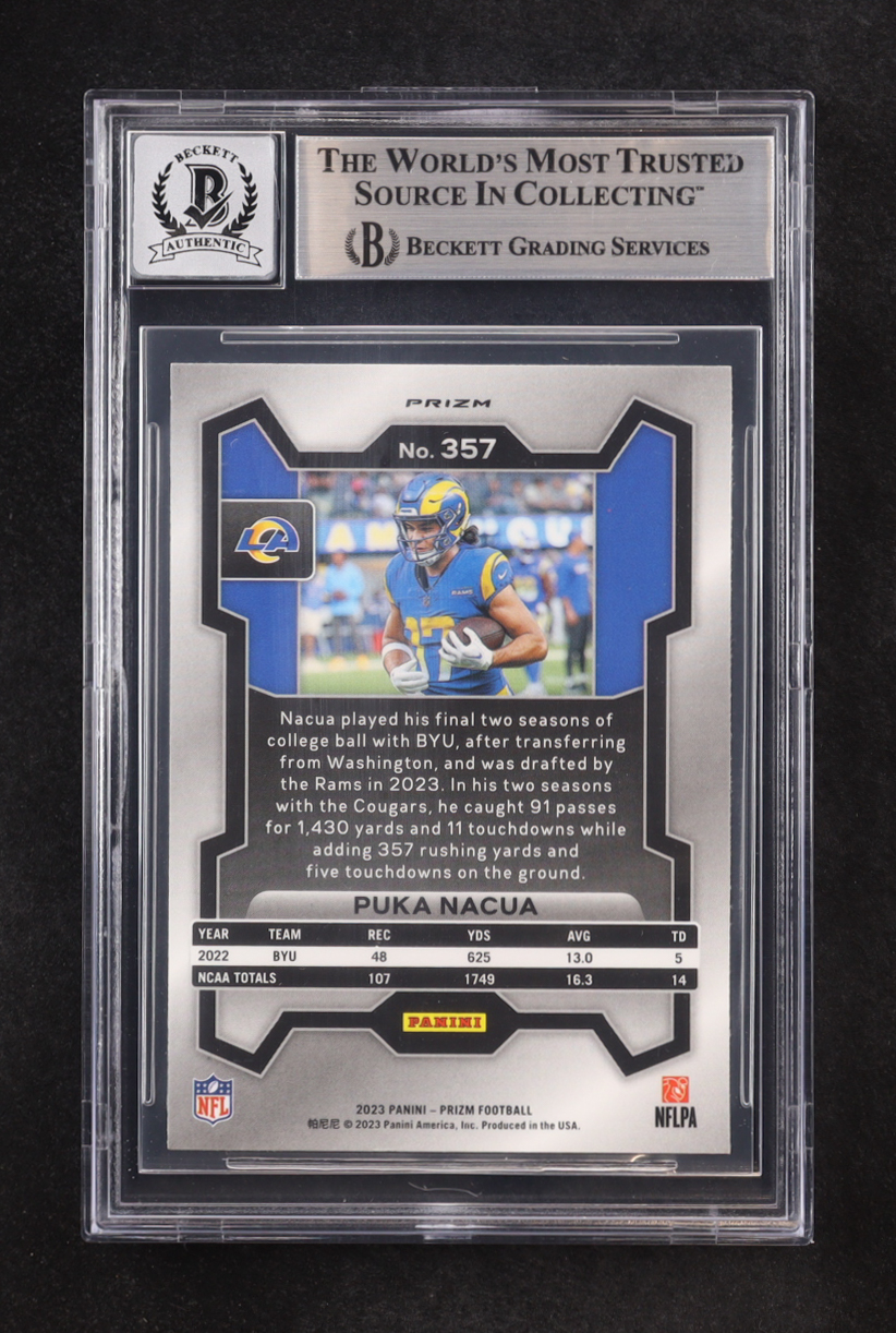 Puka Nacua Signed 2023 Panini Prizm Green #357 RC (BGS | Autograph Graded BGS 10) at PristineAuction.com Puka Nacua Signed 2023 Panini Prizm Green #357 RC (BGS | Autograph Graded BGS 10) at PristineAuction.com