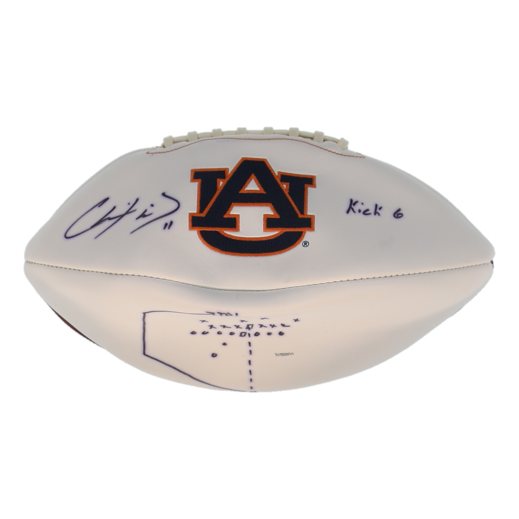 Chris Davis Signed Auburn Tigers Logo Football Inscribed "Kick 6" with Hand-Drawn Play Sketch (Beckett) at PristineAuction.com Chris Davis Signed Auburn Tigers Logo Football Inscribed "Kick 6" with Hand-Drawn Play Sketch (Beckett) at PristineAuction.com