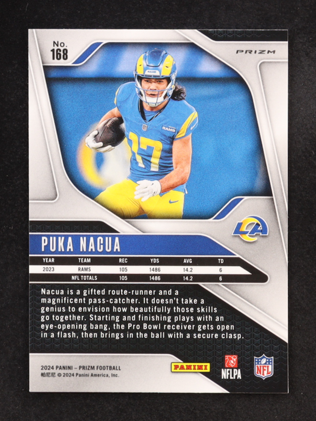Puka Nacua 2024 Panini Prizm Prizms Orange Lazer #168 at PristineAuction.com Puka Nacua 2024 Panini Prizm Prizms Orange Lazer #168 at PristineAuction.com