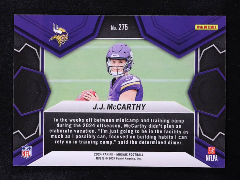 JJ McCarthy 2024 Panini Mosaic #275 DEB RC at PristineAuction.com JJ McCarthy 2024 Panini Mosaic #275 DEB RC at PristineAuction.com