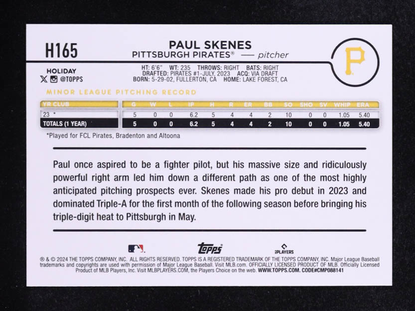 Paul Skenes 2024 Topps Holiday #H165 RC at PristineAuction.com Paul Skenes 2024 Topps Holiday #H165 RC at PristineAuction.com