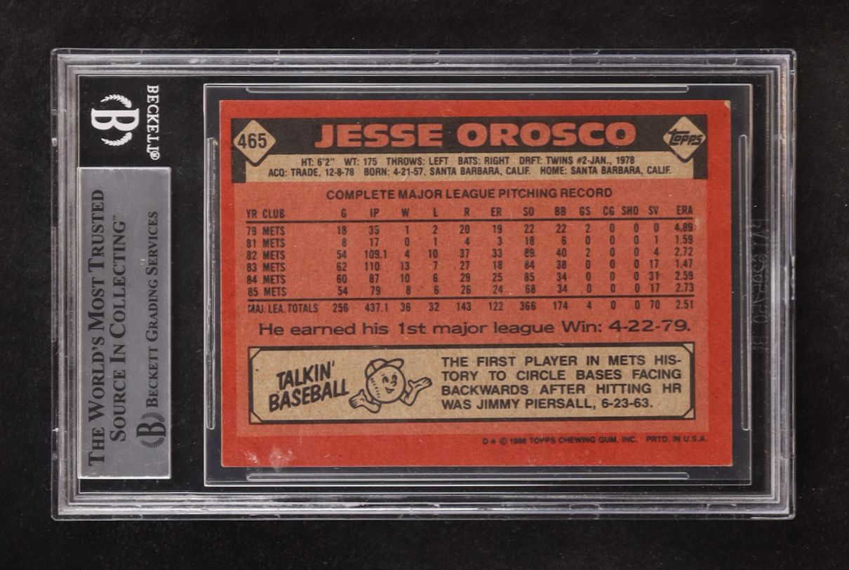 Jesse Orosco Signed 1986 Inscribed "86 WSC" Topps #465 (BGS) at PristineAuction.com Jesse Orosco Signed 1986 Inscribed "86 WSC" Topps #465 (BGS) at PristineAuction.com