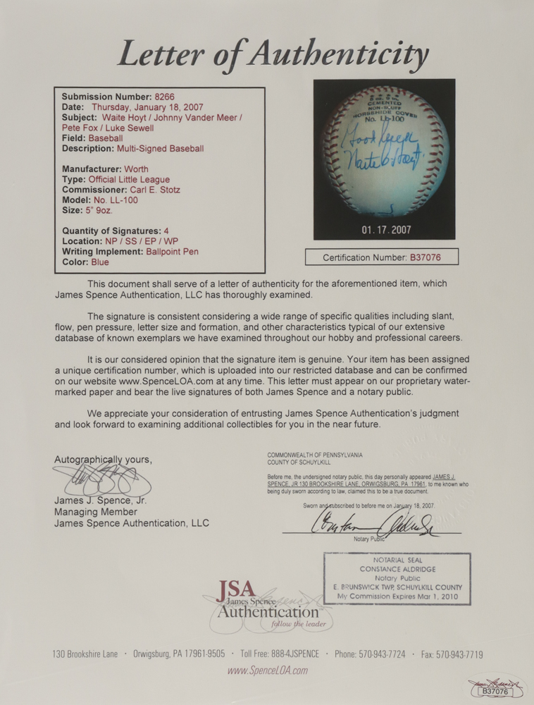 Official Worth Baseball Signed By (4) With Waite Hoyt, Johnny Vander Meer, Pete Fox & Luke Sewell With Multiple Inscriptions (JSA) at PristineAuction.com Official Worth Baseball Signed By (4) With Waite Hoyt, Johnny Vander Meer, Pete Fox & Luke Sewell With Multiple Inscriptions (JSA) at PristineAuction.com