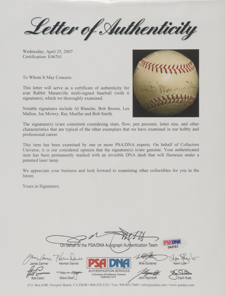 ONL Baseball Signed By (7) With Joe Mowry, Ray Mueller and Bob Smith, Rabbit Maranville (PSA) at PristineAuction.com ONL Baseball Signed By (7) With Joe Mowry, Ray Mueller and Bob Smith, Rabbit Maranville (PSA) at PristineAuction.com