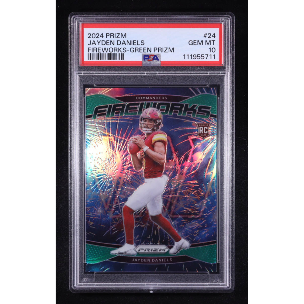 Jayden Daniels 2024 Panini Prizm Fireworks Prizms Green #24 RC (PSA 10) at PristineAuction.com