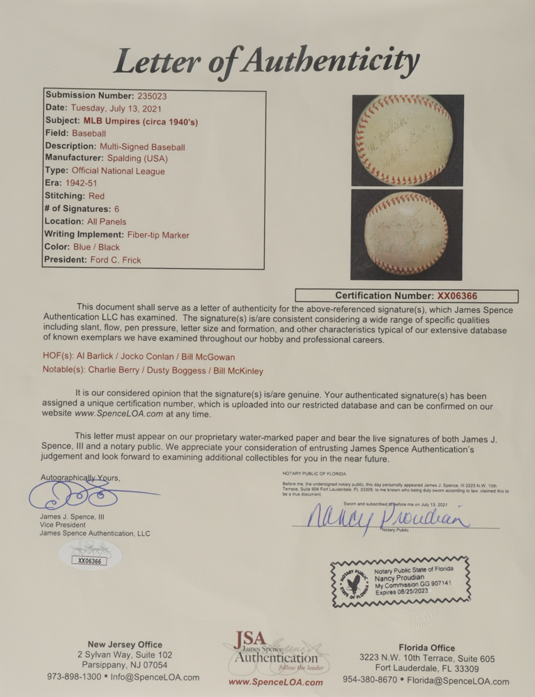 Circa 1940's Umpires ONL Baseball Signed By (6) With Al Barlick, Jocko Conlan, Bill McGowan, Charlie Berry (JSA) at PristineAuction.com Circa 1940's Umpires ONL Baseball Signed By (6) With Al Barlick, Jocko Conlan, Bill McGowan, Charlie Berry (JSA) at PristineAuction.com