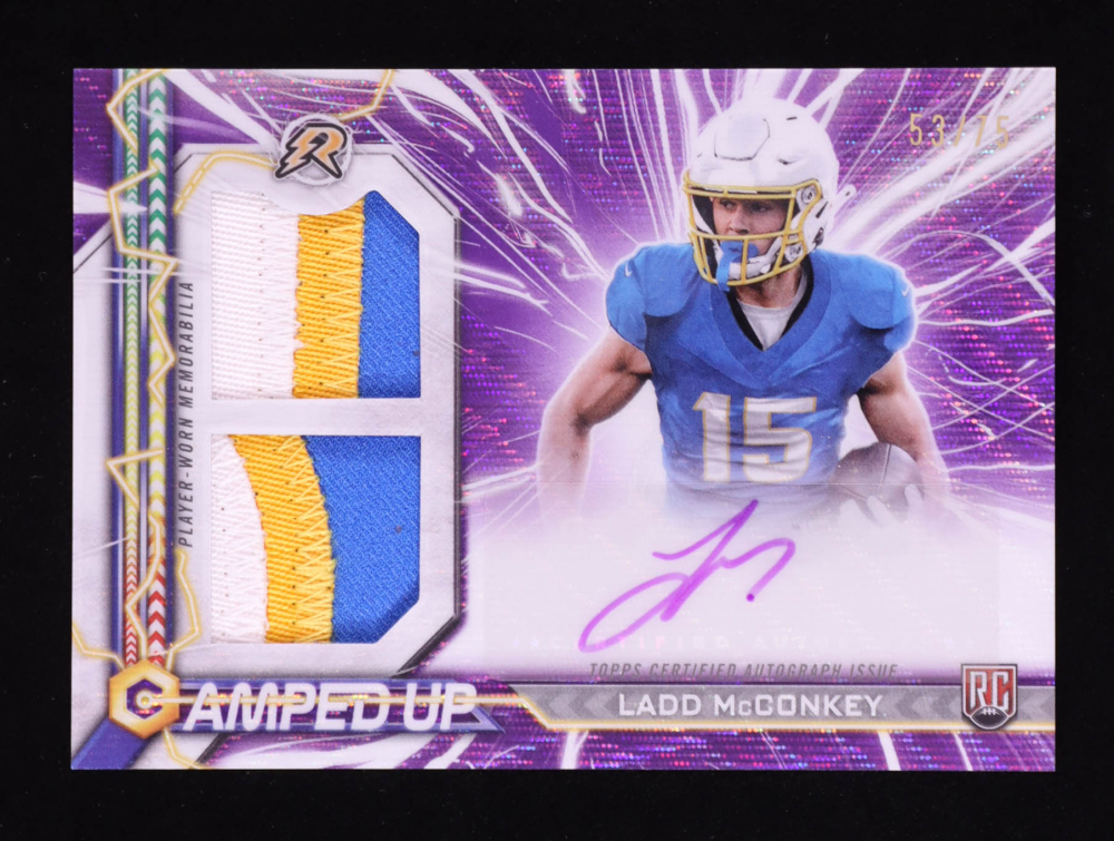 Ladd McConkey 2024 Topps Resurgence Amped Up Rookie Patch Autographs Purple Surge #AULM RC #53/75