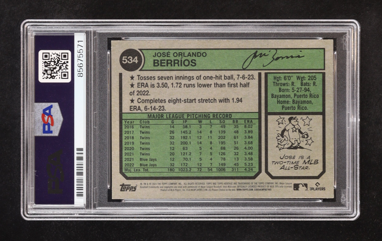 Jose Berrios Signed 2023 Topps Heritage #534 (PSA) at PristineAuction.com Jose Berrios Signed 2023 Topps Heritage #534 (PSA) at PristineAuction.com