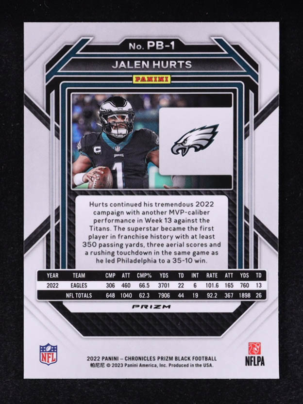 Jalen Hurts 2022 Panini Chronicles Prizm Black Silver #1 at PristineAuction.com Jalen Hurts 2022 Panini Chronicles Prizm Black Silver #1 at PristineAuction.com