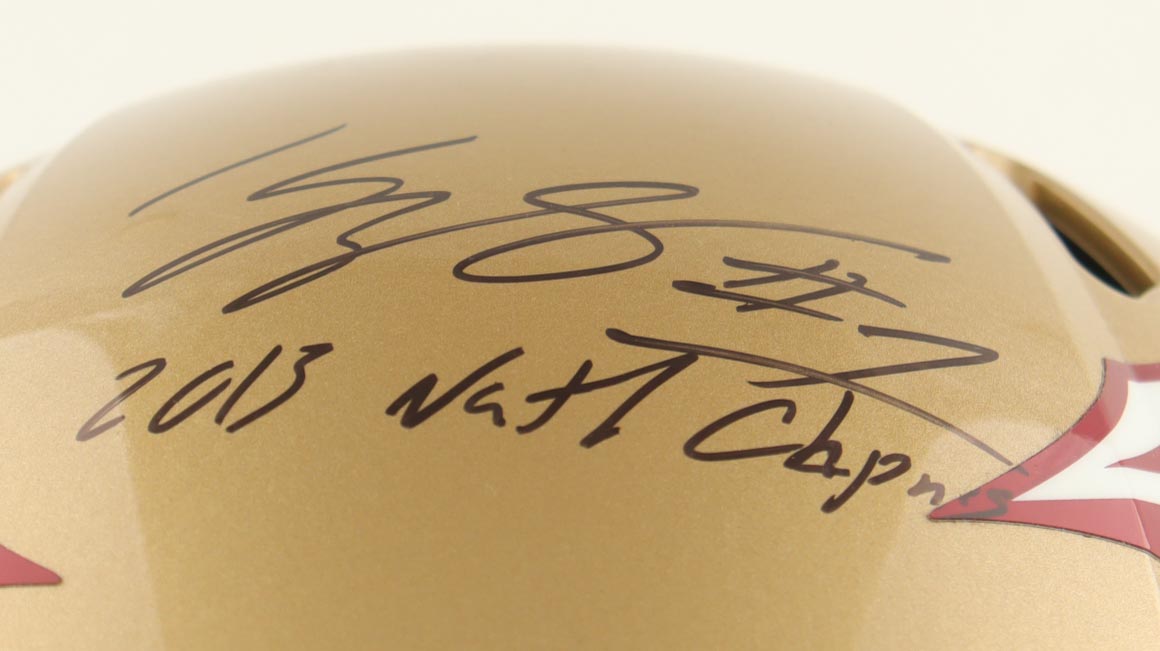 Jimbo Fisher, Kelvin Benjamin & Jameis Winston Signed Florida State Seminoles Full-Size Speed Helmet Inscribed "2013 Natl Champions" (JSA) at PristineAuction.com Jimbo Fisher, Kelvin Benjamin & Jameis Winston Signed Florida State Seminoles Full-Size Speed Helmet Inscribed "2013 Natl Champions" (JSA) at PristineAuction.com