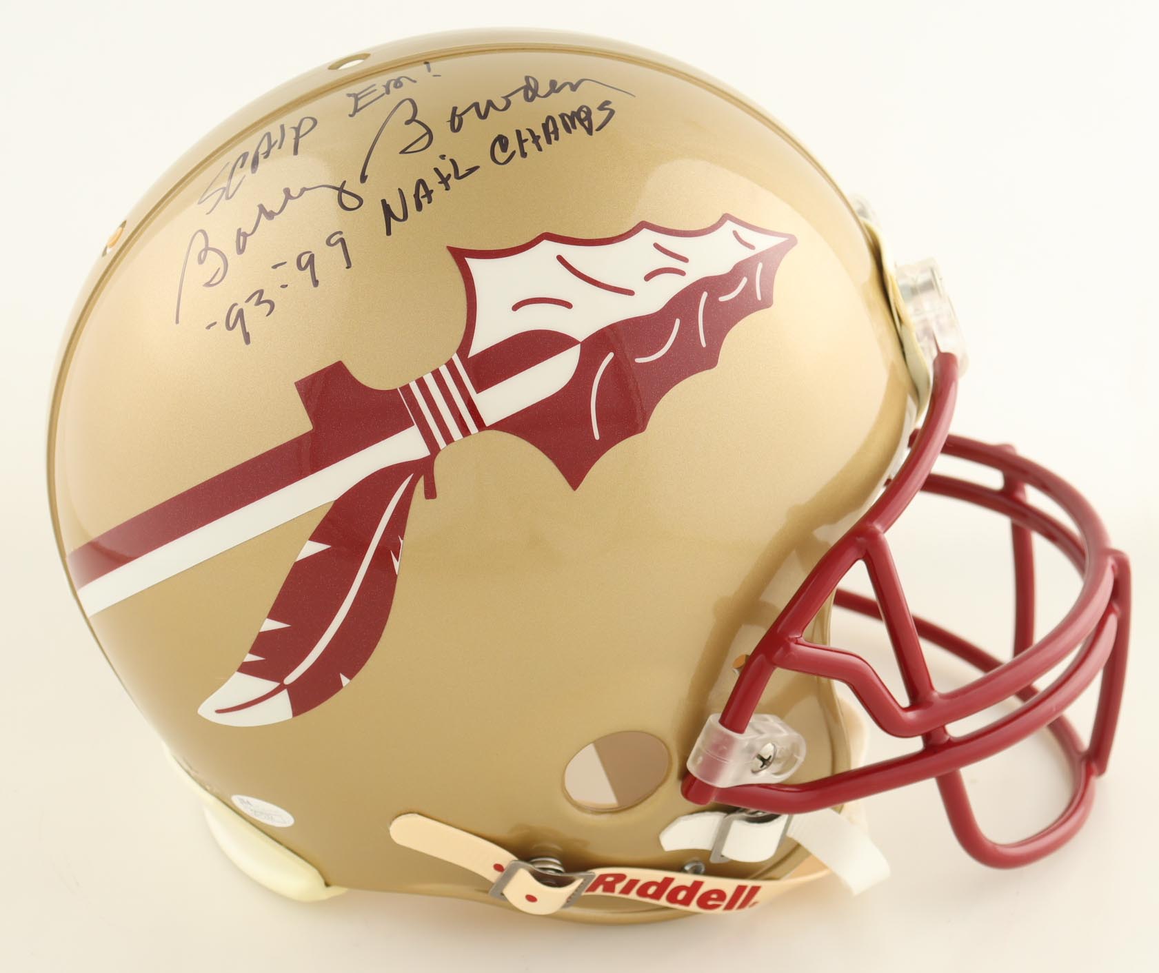 Bobby Bowden Signed Florida State Seminoles Authentic On-Field Full Size Helmet Inscribed "93-99 Natl Champs" & "Scalp Em" (JSA) at PristineAuction.com Bobby Bowden Signed Florida State Seminoles Authentic On-Field Full Size Helmet Inscribed "93-99 Natl Champs" & "Scalp Em" (JSA) at PristineAuction.com