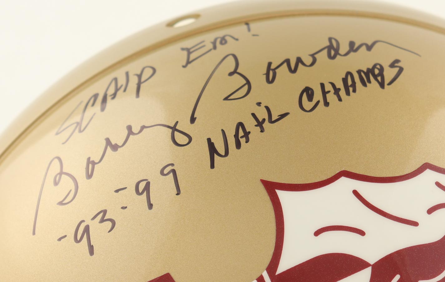 Bobby Bowden Signed Florida State Seminoles Authentic On-Field Full Size Helmet Inscribed "93-99 Natl Champs" & "Scalp Em" (JSA) at PristineAuction.com Bobby Bowden Signed Florida State Seminoles Authentic On-Field Full Size Helmet Inscribed "93-99 Natl Champs" & "Scalp Em" (JSA) at PristineAuction.com