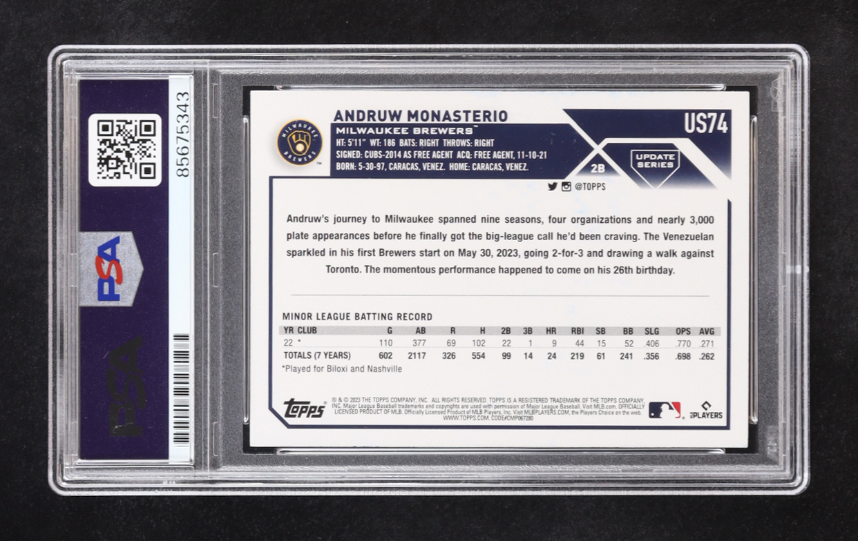 Andruw Monasterio Signed 2023 Topps Update Series #US74 RC (PSA | Autograph Graded PSA 10) at PristineAuction.com Andruw Monasterio Signed 2023 Topps Update Series #US74 RC (PSA | Autograph Graded PSA 10) at PristineAuction.com