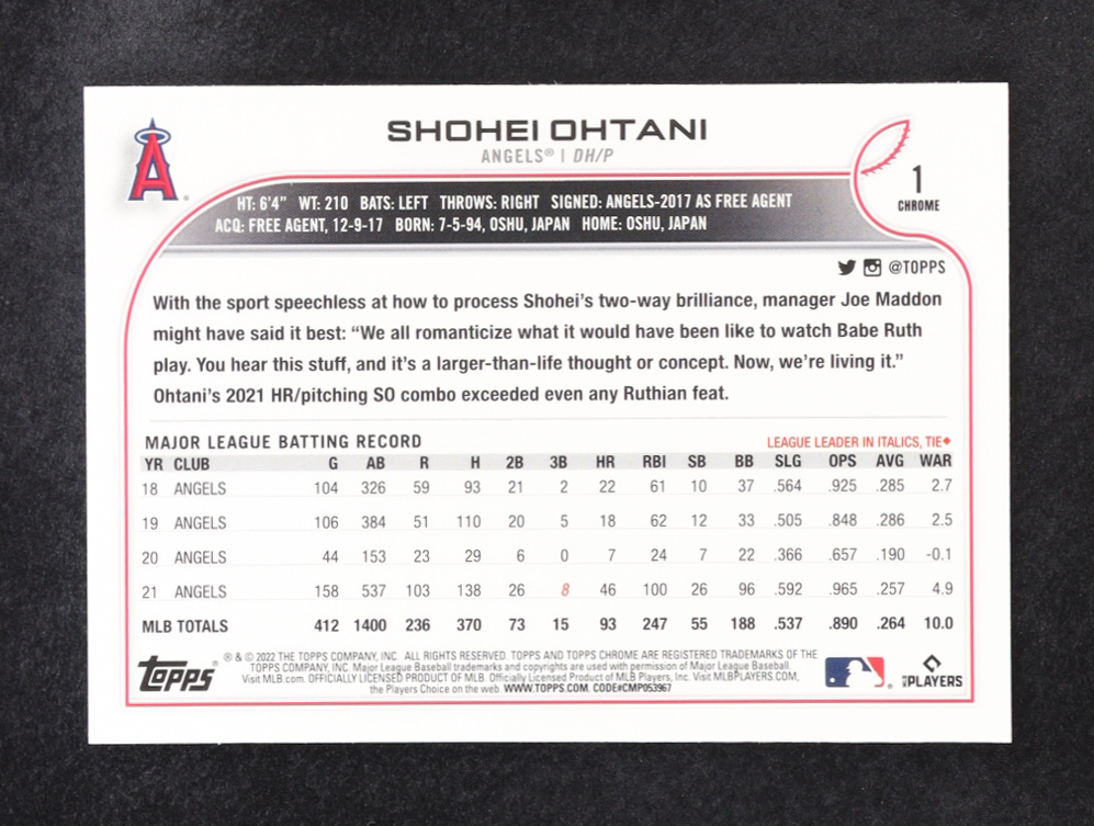 Shohei Ohtani 2022 Topps Chrome #1 at PristineAuction.com Shohei Ohtani 2022 Topps Chrome #1 at PristineAuction.com