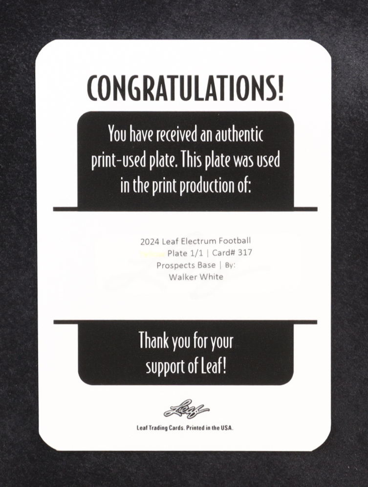 Walker White 2024 Leaf Electrum Football Printing Plate #317 RC #1/1 at PristineAuction.com Walker White 2024 Leaf Electrum Football Printing Plate #317 RC #1/1 at PristineAuction.com