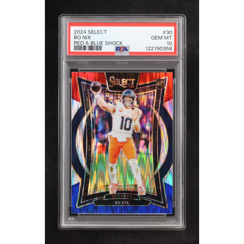 Bo Nix 2024 Select Prizm Red and Blue Shock #30 RC (PSA 10) at PristineAuction.com