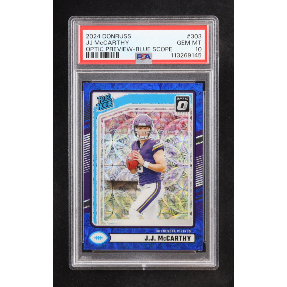 J.J. McCarthy 2024 Donruss Optic Rated Rookies Preview Blue Scope #303 RC (PSA 10) at PristineAuction.com