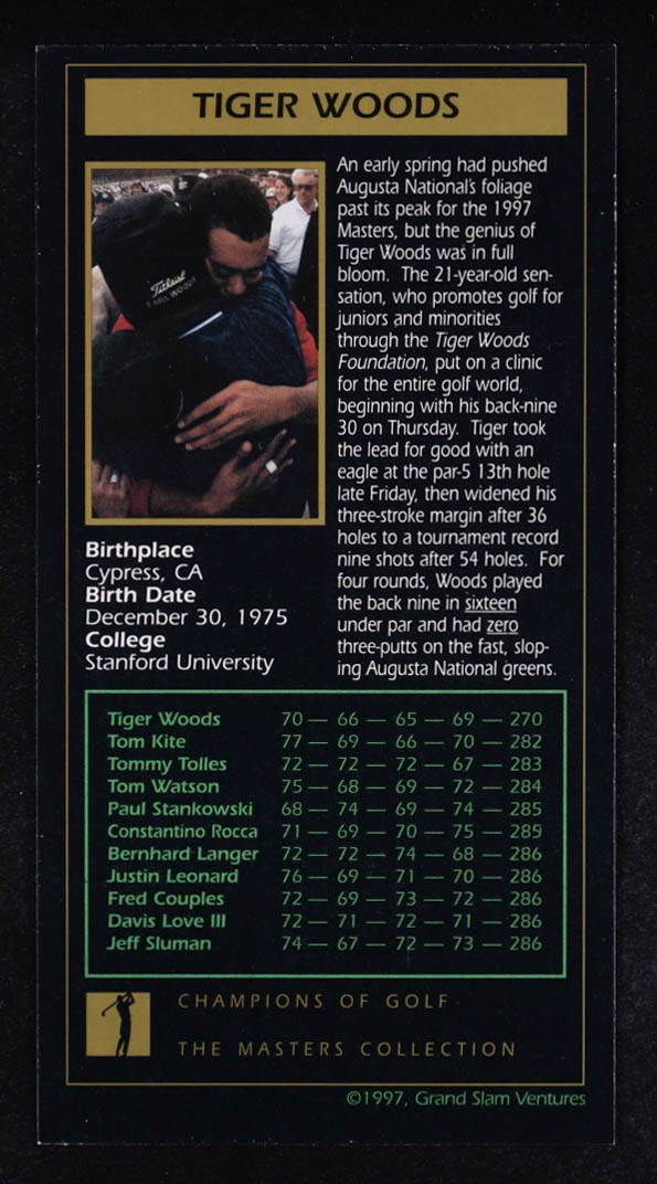 Tiger Woods 1997-98 Grand Slam Ventures Masters Collection #1997 XRC at PristineAuction.com Tiger Woods 1997-98 Grand Slam Ventures Masters Collection #1997 XRC at PristineAuction.com
