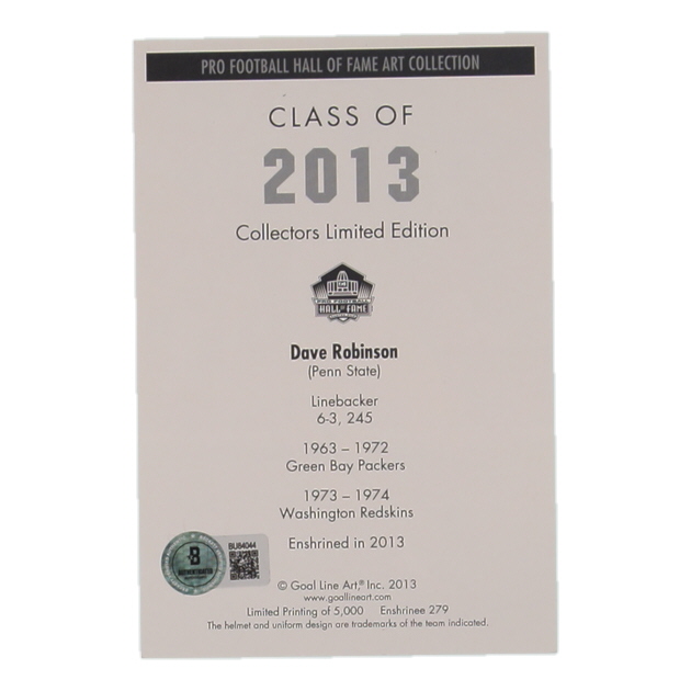 Dave Robinson Signed 2013 LE Packers Pro Football Hall of Fame Art Series Football Card Inscribed "HOF 2013" (Beckett) at PristineAuction.com Dave Robinson Signed 2013 LE Packers Pro Football Hall of Fame Art Series Football Card Inscribed "HOF 2013" (Beckett) at PristineAuction.com