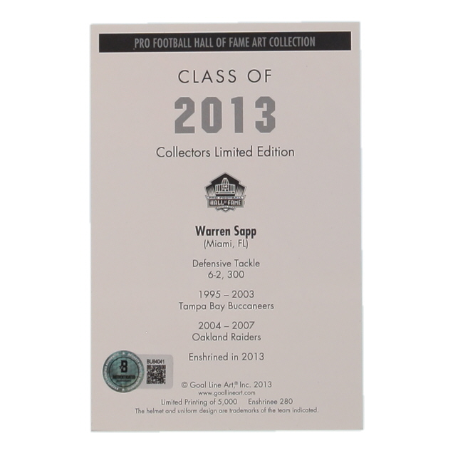 Warren Sapp Signed 2013 LE Buccaneers Pro Football Hall of Fame Art Series Football Card (Beckett) at PristineAuction.com Warren Sapp Signed 2013 LE Buccaneers Pro Football Hall of Fame Art Series Football Card (Beckett) at PristineAuction.com