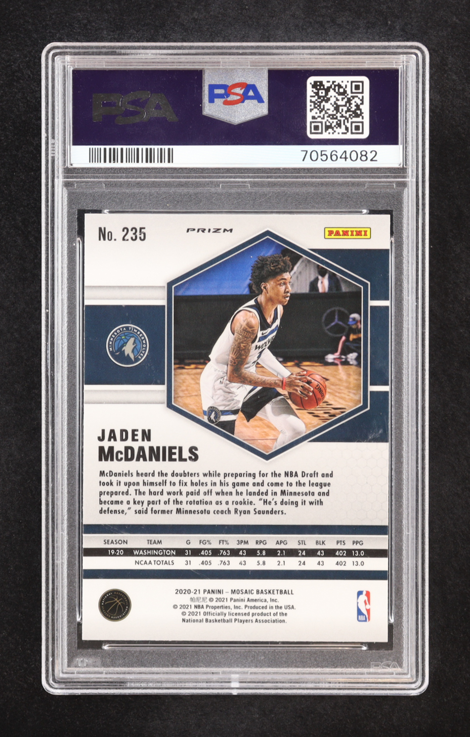 Jaden Mcdaniels 2020 Panini Mosaic Reactive Green Prizm #235 RC (PSA 8) at PristineAuction.com Jaden Mcdaniels 2020 Panini Mosaic Reactive Green Prizm #235 RC (PSA 8) at PristineAuction.com