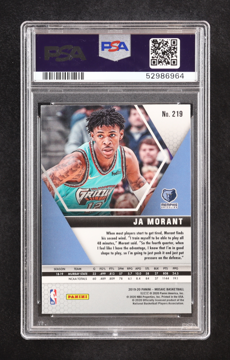 Ja Morant 2019 Panini Mosaic #219 RC (PSA 9) at PristineAuction.com Ja Morant 2019 Panini Mosaic #219 RC (PSA 9) at PristineAuction.com