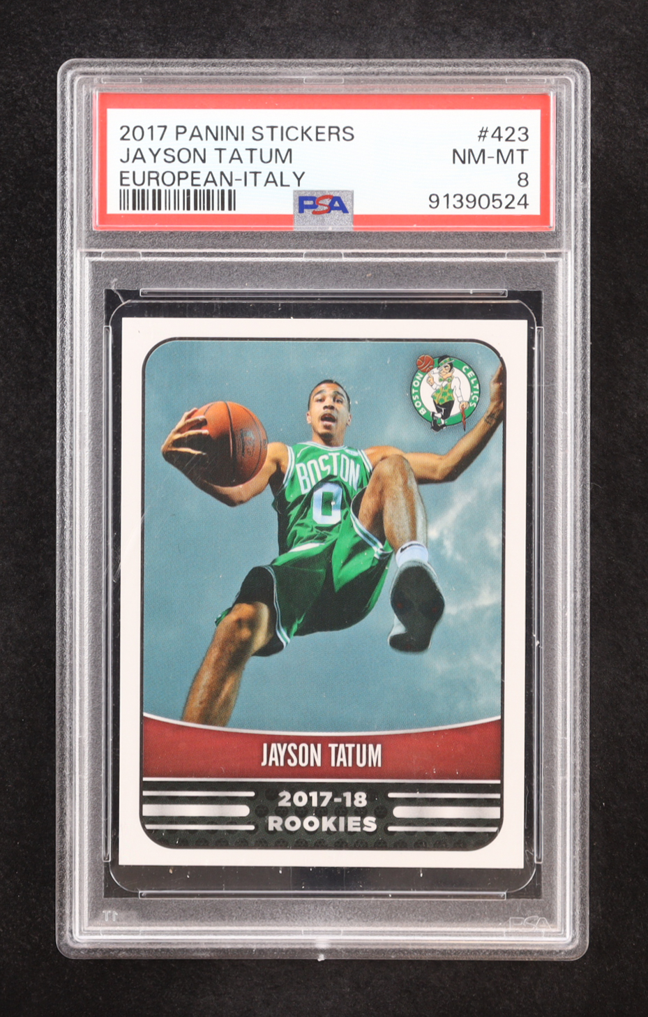 Jayson Tatum 2017-18 Panini Stickers European-Italy #423 RC (PSA 8) at PristineAuction.com Jayson Tatum 2017-18 Panini Stickers European-Italy #423 RC (PSA 8) at PristineAuction.com