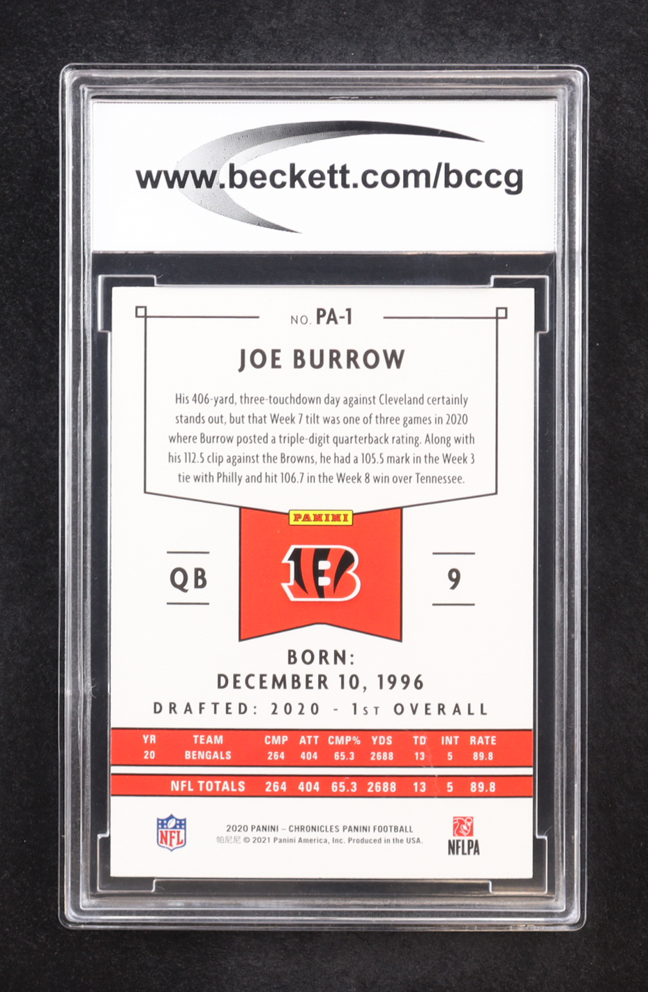Joe Burrow 2020 Panini Chronicles #PA-1 RC (BCCG 10) at PristineAuction.com Joe Burrow 2020 Panini Chronicles #PA-1 RC (BCCG 10) at PristineAuction.com