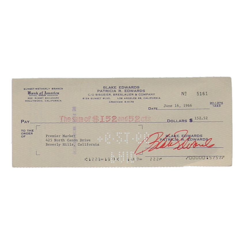 Blake Edwards Signed 1966 Personal Check (JSA) at PristineAuction.com Blake Edwards Signed 1966 Personal Check (JSA) at PristineAuction.com