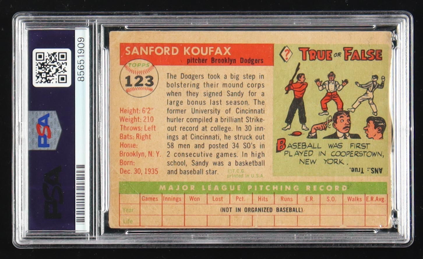 Sandy Koufax Signed 1955 Topps #123 RC (PSA | Auto Grade PSA 10) at PristineAuction.com Sandy Koufax Signed 1955 Topps #123 RC (PSA | Auto Grade PSA 10) at PristineAuction.com