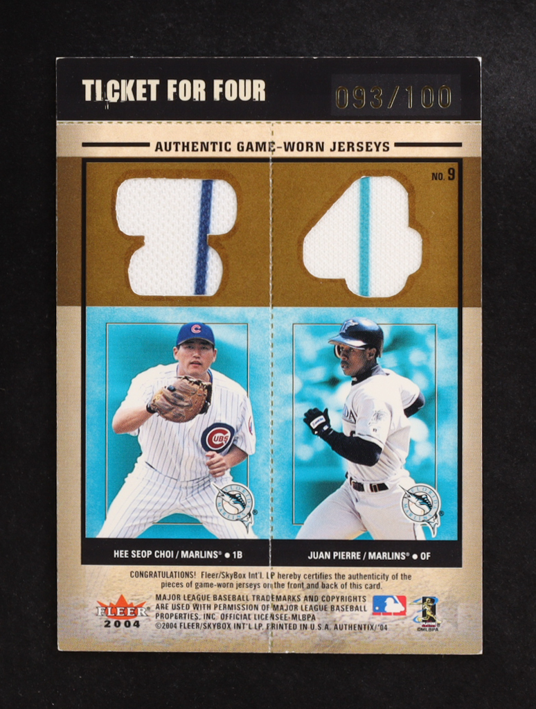Ivan Rodriguez / Miguel Cabrera / Hee Seop Choi / Juan Pierre 2004 Fleer Ticket For Four Game Worn-Jerseys #9 #093/100 at PristineAuction.com Ivan Rodriguez / Miguel Cabrera / Hee Seop Choi / Juan Pierre 2004 Fleer Ticket For Four Game Worn-Jerseys #9 #093/100 at PristineAuction.com
