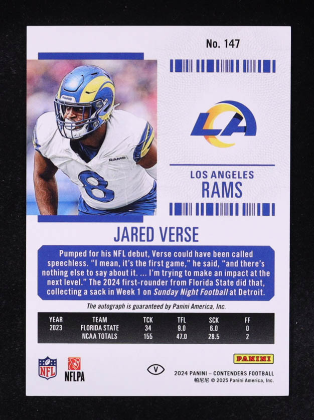 Jared Verse 2024 Panini Contenders Variation Cracked Ice #147 #19/25 RC at PristineAuction.com Jared Verse 2024 Panini Contenders Variation Cracked Ice #147 #19/25 RC at PristineAuction.com