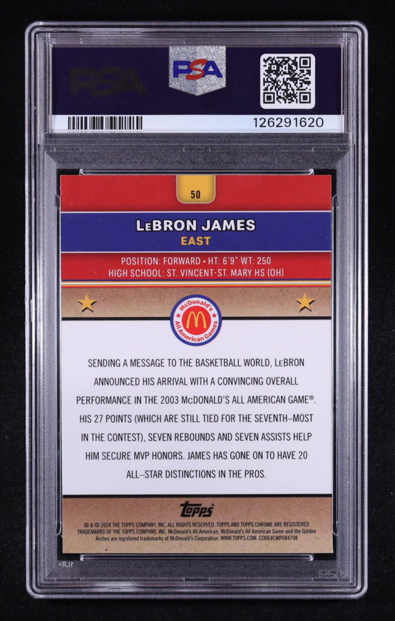 LeBron James 2024 Topps Chrome McDonald's All-American Aqua Wave #50 #188/199 (PSA 9) at PristineAuction.com LeBron James 2024 Topps Chrome McDonald's All-American Aqua Wave #50 #188/199 (PSA 9) at PristineAuction.com