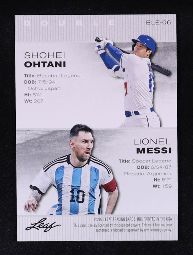 Shohei Ohtani / Lionel Messi 2023 Leaf Special Release Exclusive Legends Edition #ELE06 at PristineAuction.com Shohei Ohtani / Lionel Messi 2023 Leaf Special Release Exclusive Legends Edition #ELE06 at PristineAuction.com