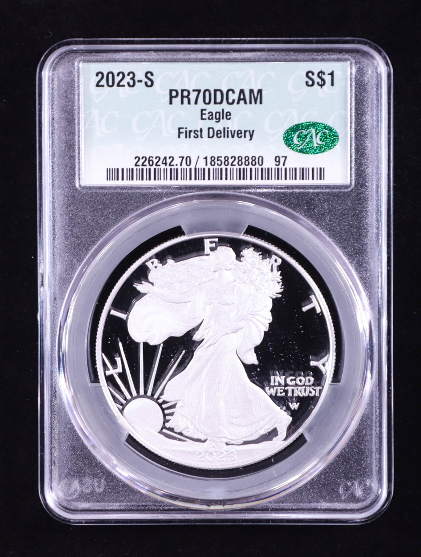 2023-S Proof American $1 Dollar Silver Eagle, First Delivery (CAC PR70DCAM) at PristineAuction.com 2023-S Proof American $1 Dollar Silver Eagle, First Delivery (CAC PR70DCAM) at PristineAuction.com