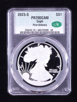 2023-S Proof American $1 Dollar Silver Eagle, First Delivery (CAC PR70DCAM) at PristineAuction.com