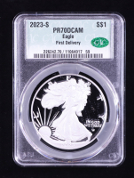 2023-S Proof American $1 Dollar Silver Eagle, First Delivery (CAC PR70DCAM) at PristineAuction.com