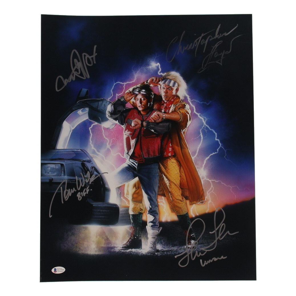 "Back to the Future" 16x20 Photo Signed by (4) with Michael J. Fox, Christopher Lloyd, Lea Thompson, Tom Wilson With Character Inscriptions (Beckett) at PristineAuction.com "Back to the Future" 16x20 Photo Signed by (4) with Michael J. Fox, Christopher Lloyd, Lea Thompson, Tom Wilson With Character Inscriptions (Beckett) at PristineAuction.com