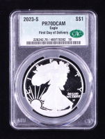 2023-S Proof American $1 Dollar Silver Eagle, First Day of Delivery (CAC PR70DCAM) at PristineAuction.com