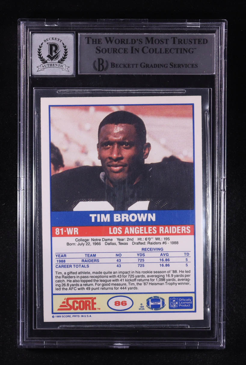 Tim Brown Signed 1989 Score #86 RC (BGS | Autograph Graded BGS 10) at PristineAuction.com Tim Brown Signed 1989 Score #86 RC (BGS | Autograph Graded BGS 10) at PristineAuction.com