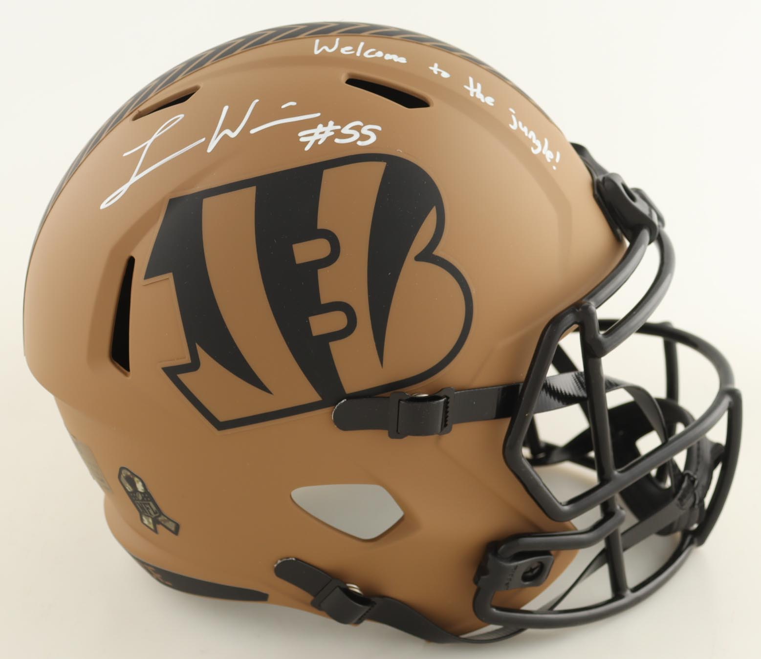 Logan Wilson Signed Bengals Full-Size Salute To Service Alternate Speed Helmet Inscribed "Welcome To The Jungle!" (Beckett) at PristineAuction.com Logan Wilson Signed Bengals Full-Size Salute To Service Alternate Speed Helmet Inscribed "Welcome To The Jungle!" (Beckett) at PristineAuction.com