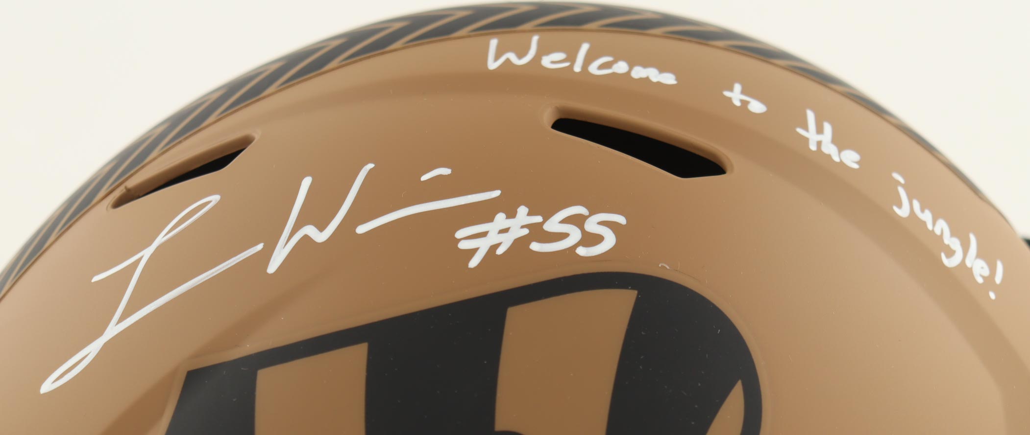 Logan Wilson Signed Bengals Full-Size Salute To Service Alternate Speed Helmet Inscribed "Welcome To The Jungle!" (Beckett) at PristineAuction.com Logan Wilson Signed Bengals Full-Size Salute To Service Alternate Speed Helmet Inscribed "Welcome To The Jungle!" (Beckett) at PristineAuction.com