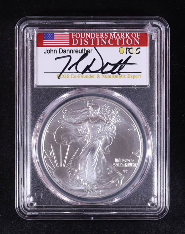 2022 American $1 Dollar Silver Eagle, First Day of Issue - John Dannreuther Signature Label (PCGS MS70) at PristineAuction.com 2022 American $1 Dollar Silver Eagle, First Day of Issue - John Dannreuther Signature Label (PCGS MS70) at PristineAuction.com
