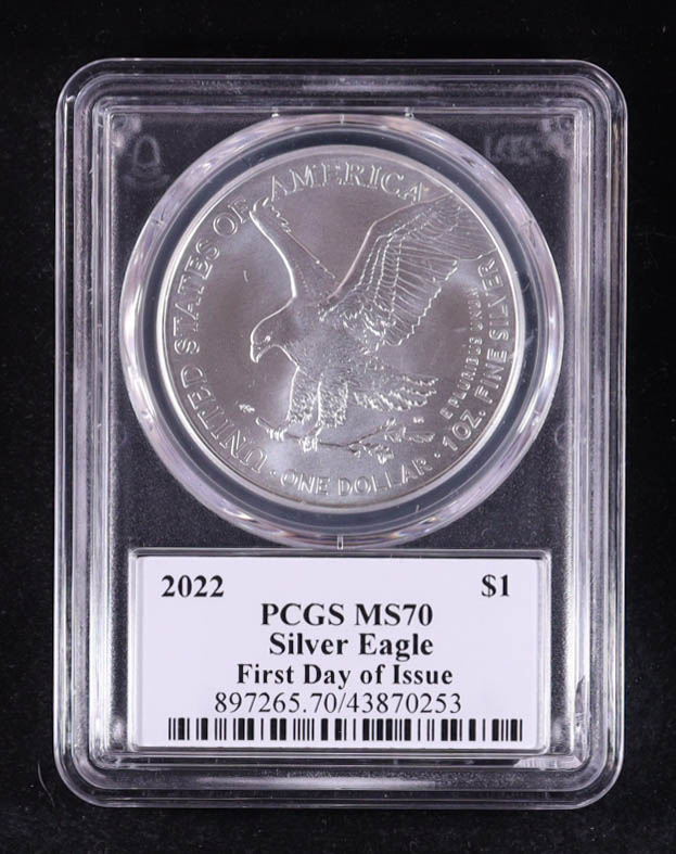2022 American $1 Dollar Silver Eagle, First Day of Issue - John Dannreuther Signature Label (PCGS MS70) at PristineAuction.com 2022 American $1 Dollar Silver Eagle, First Day of Issue - John Dannreuther Signature Label (PCGS MS70) at PristineAuction.com