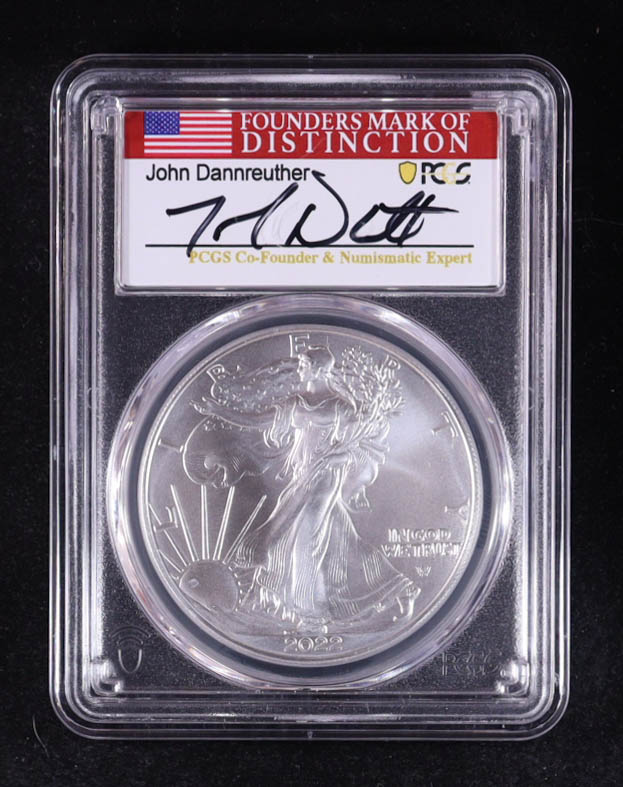 2022 American $1 Dollar Silver Eagle, First Day of Issue - John Dannreuther Signature Label (PCGS MS70) at PristineAuction.com 2022 American $1 Dollar Silver Eagle, First Day of Issue - John Dannreuther Signature Label (PCGS MS70) at PristineAuction.com