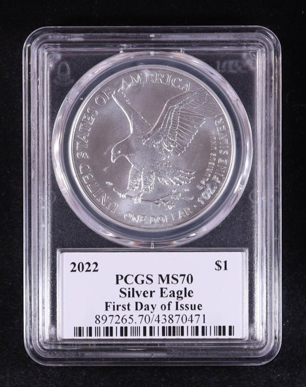 2022 American Silver Eagle, First Day of Issue - John Dannreuther Signature Label (PCGS MS70) at PristineAuction.com 2022 American Silver Eagle, First Day of Issue - John Dannreuther Signature Label (PCGS MS70) at PristineAuction.com